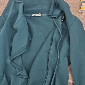 Teal Women's Jacket With Zip Up Ruffle Front Very Fitted No Pockets Flair Back